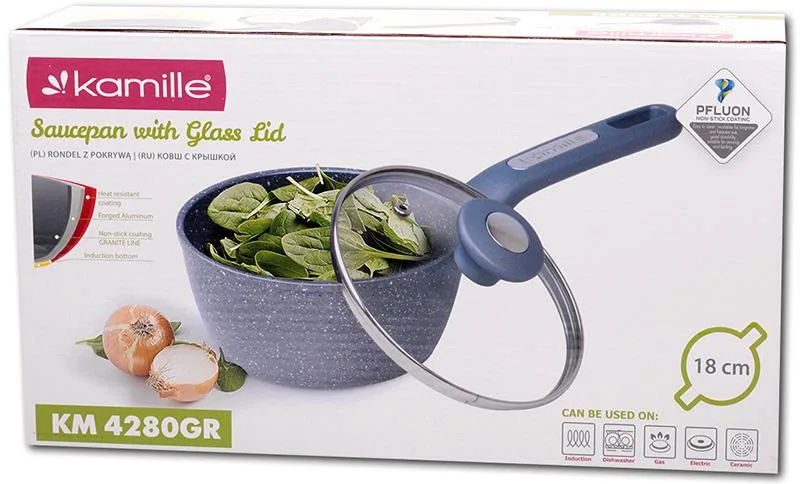 Ковш Kamille Grey Gotland 18 см антипригарный с крышкой из стекла