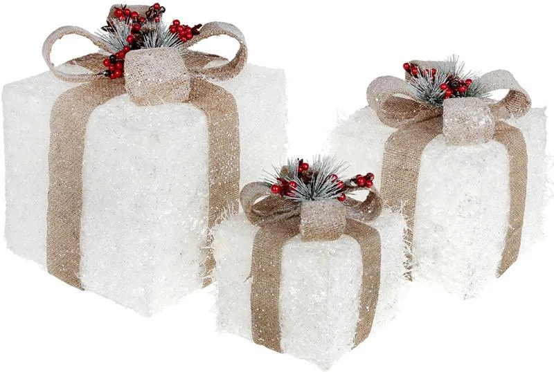 Набір подарункових коробок New Year Gifts з LED-підсвіткою 3 шт білий з бежевим