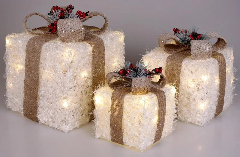 Набір подарункових коробок New Year Gifts з LED-підсвіткою 3 шт білий з бежевим
