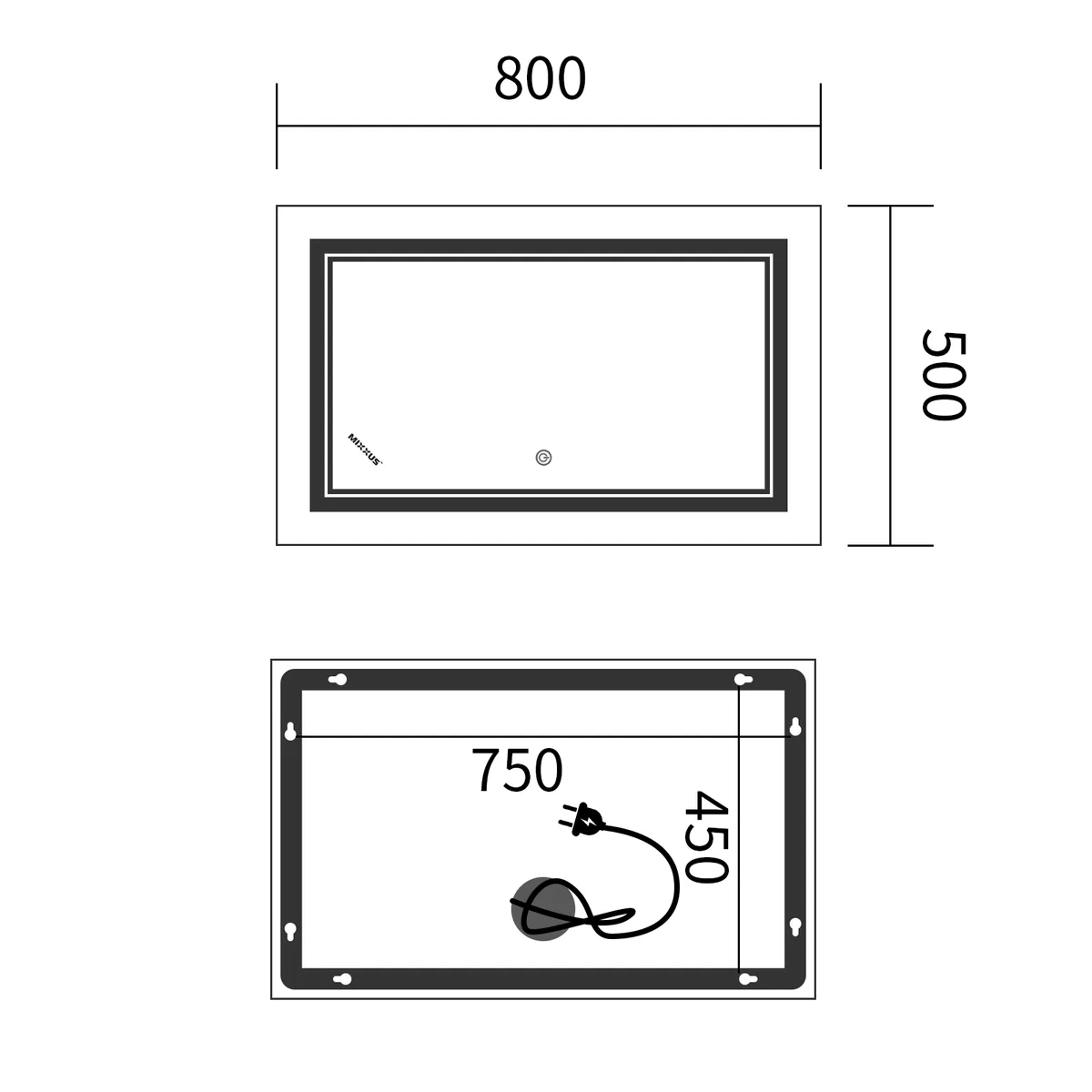 Дзеркало настінне QUADRO MR20-50x80 з LED підсвічуванням біле 50x80 см