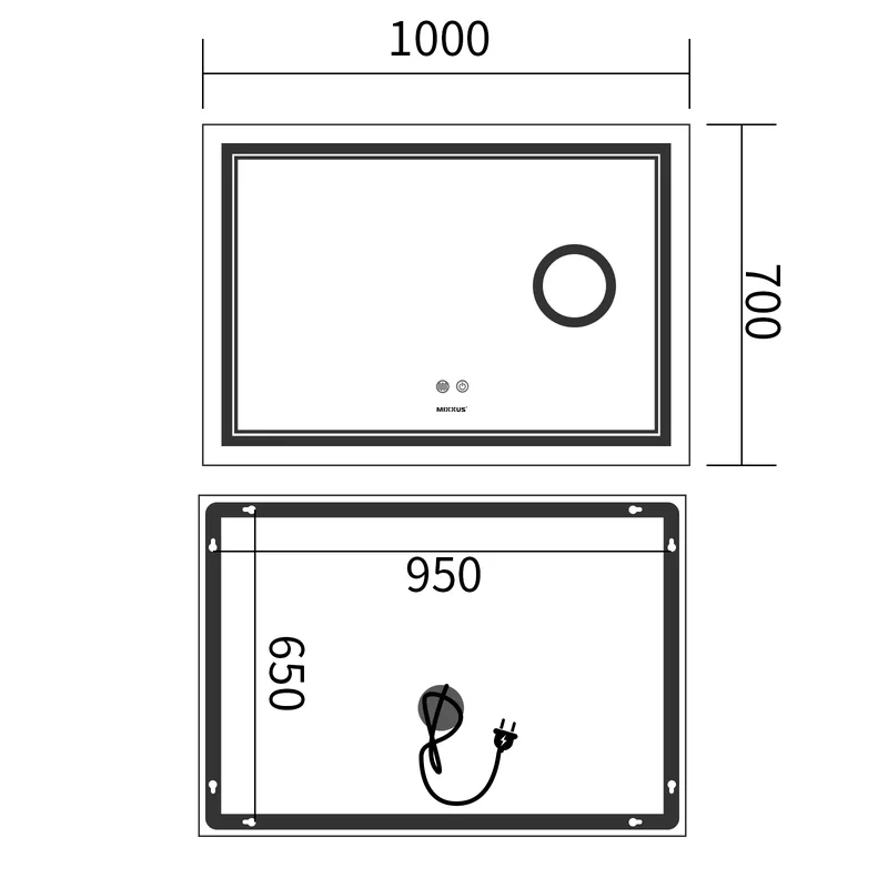 Дзеркало настінне QUADRO MR20-100x70 см без обрамлення скло 5 мм з LED підсвічуванням біле