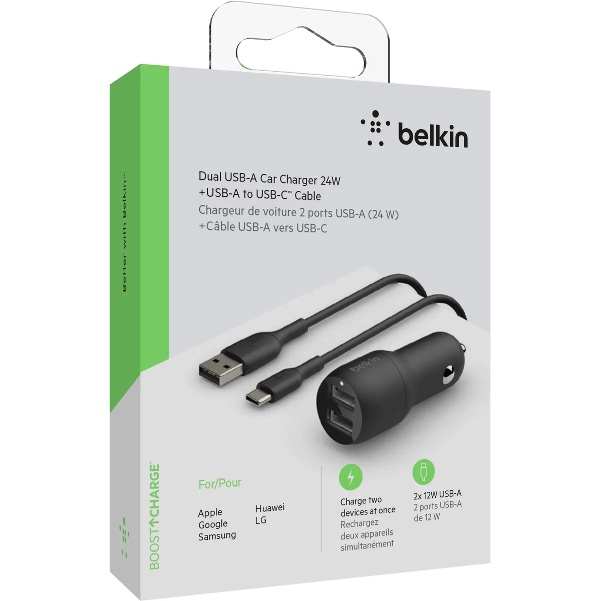 Автомобильное зарядное устройство Belkin 24Вт 2xUSB-A, кабель USB-A > USB-C, 1м, черный