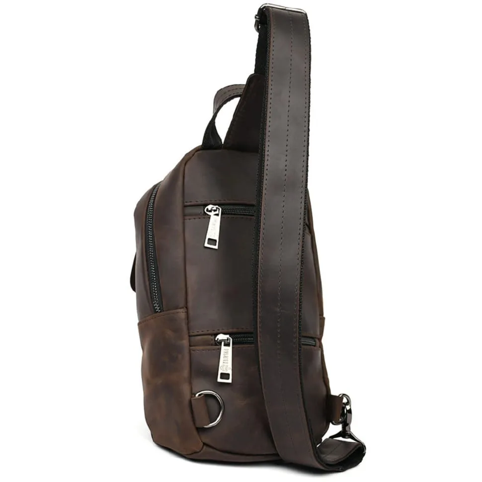 Рюкзак слинг TARWA шкіряний коричневий чоловічий для телефону з кишенями вертикальний casual