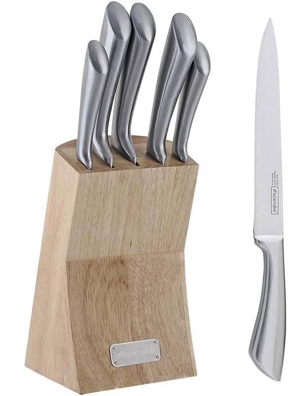 Набор кухонных ножей Kamille Steel 5 предметов из нержавеющей стали с деревянной подставкой