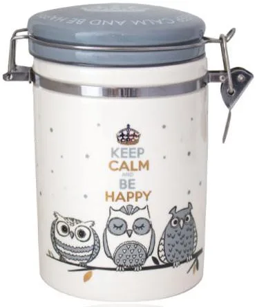 Керамічна банка Be Happy 0,9 л біла з совами кришка з защіпкою