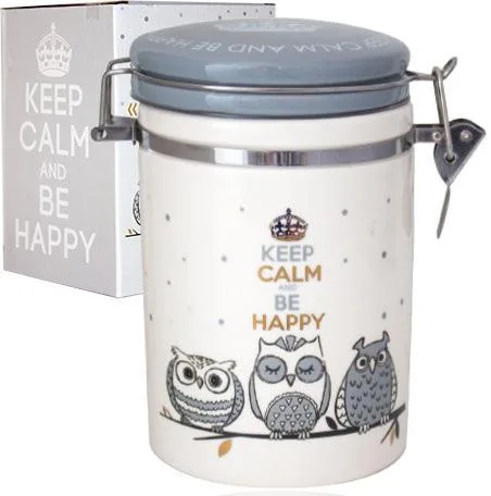 Керамічна банка Be Happy 0,9 л біла з совами кришка з защіпкою