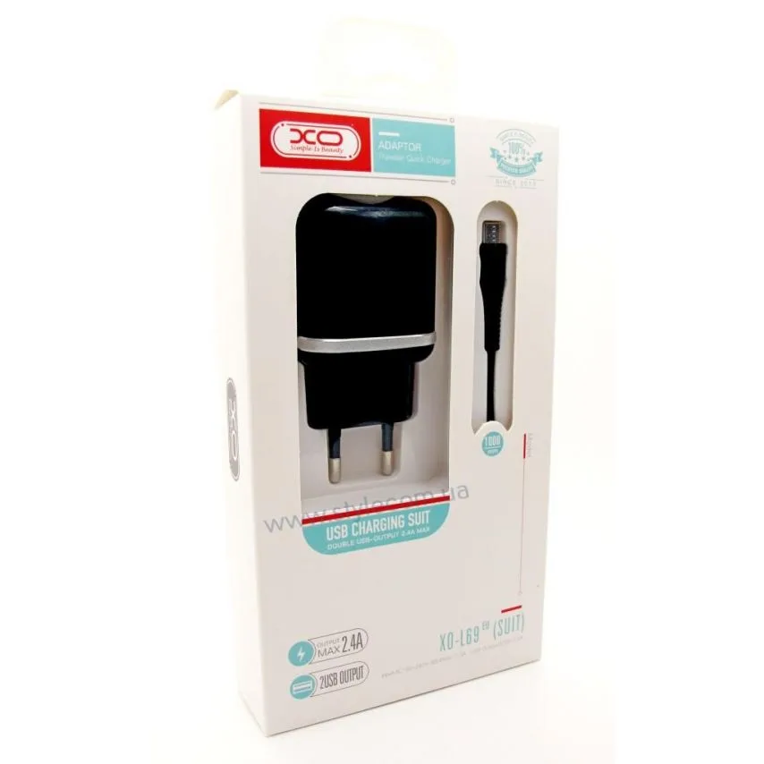 Мережевий зарядний пристрій XO 2USB 2.4A чорний з кабелем Micro 1м