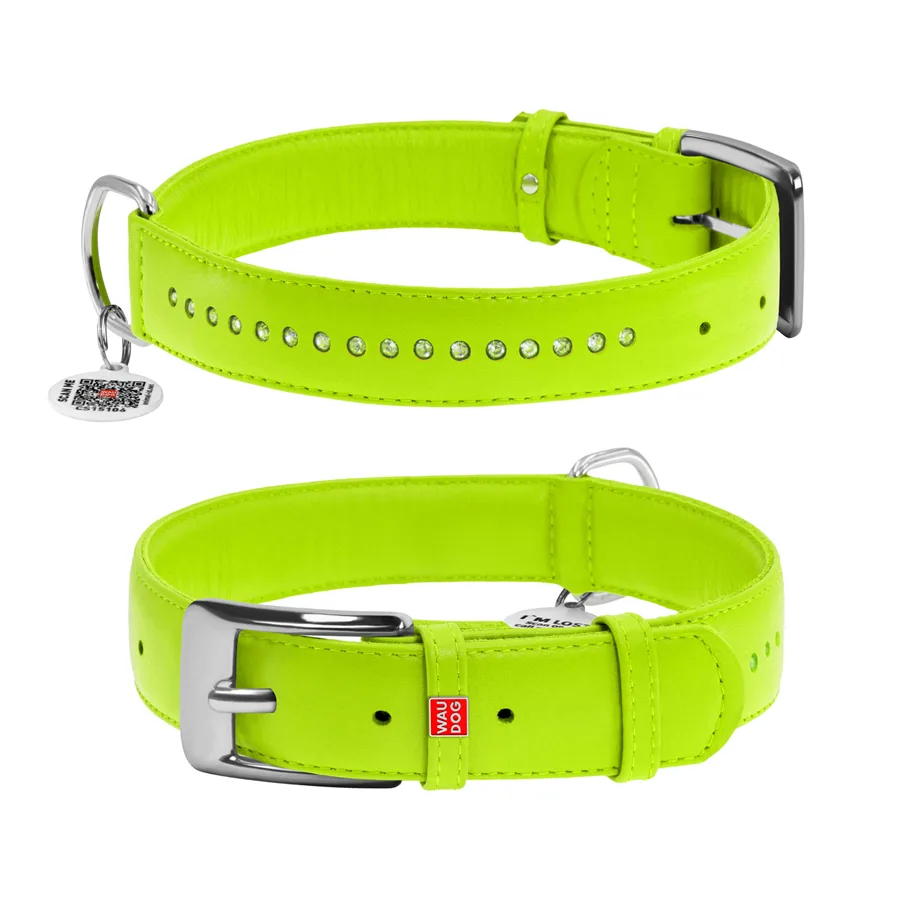 Нашийник WAUDOG Glamour шкіряний XL 35 мм 46-60 см салатовий зі стразами