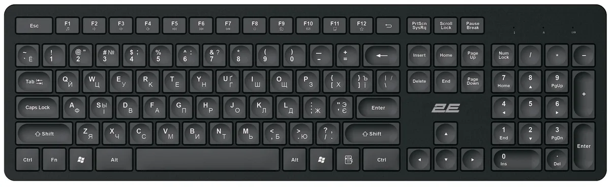 Клавіатура мембранна 2E KS260 106key, WL, EN/UK/RU, чорний