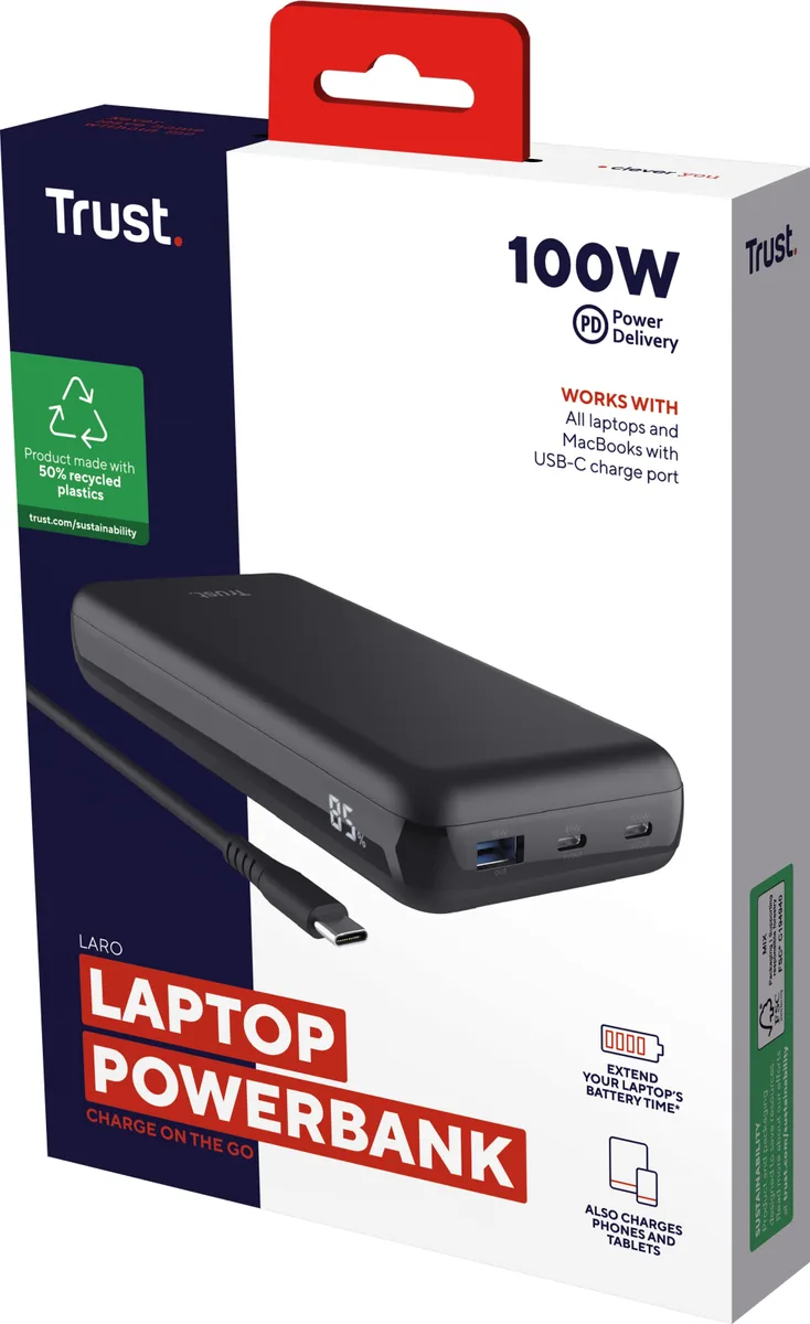 Акумулятор портативний літій-іонний power bank Trust Laro, 20000 мА·год, USB-A/2хUSB-C, 100w, чорний