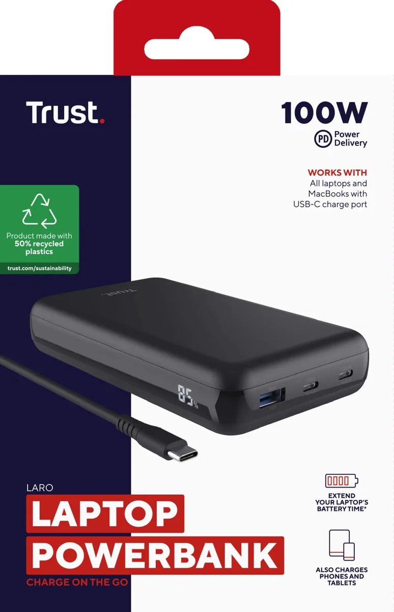 Акумулятор портативний літій-іонний power bank Trust Laro, 20000 мА·год, USB-A/2хUSB-C, 100w, чорний