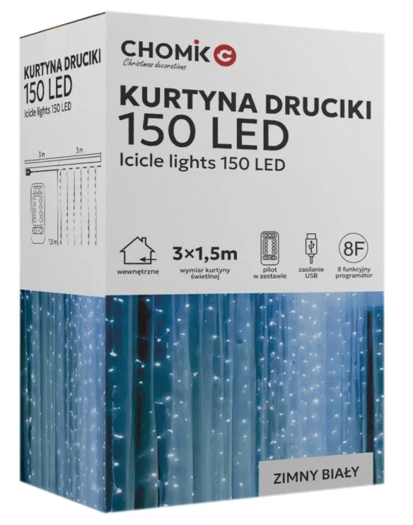 Гірлянда електрична Chomik LED 150 шт 3х1,5 м холодний білий USB з пультом