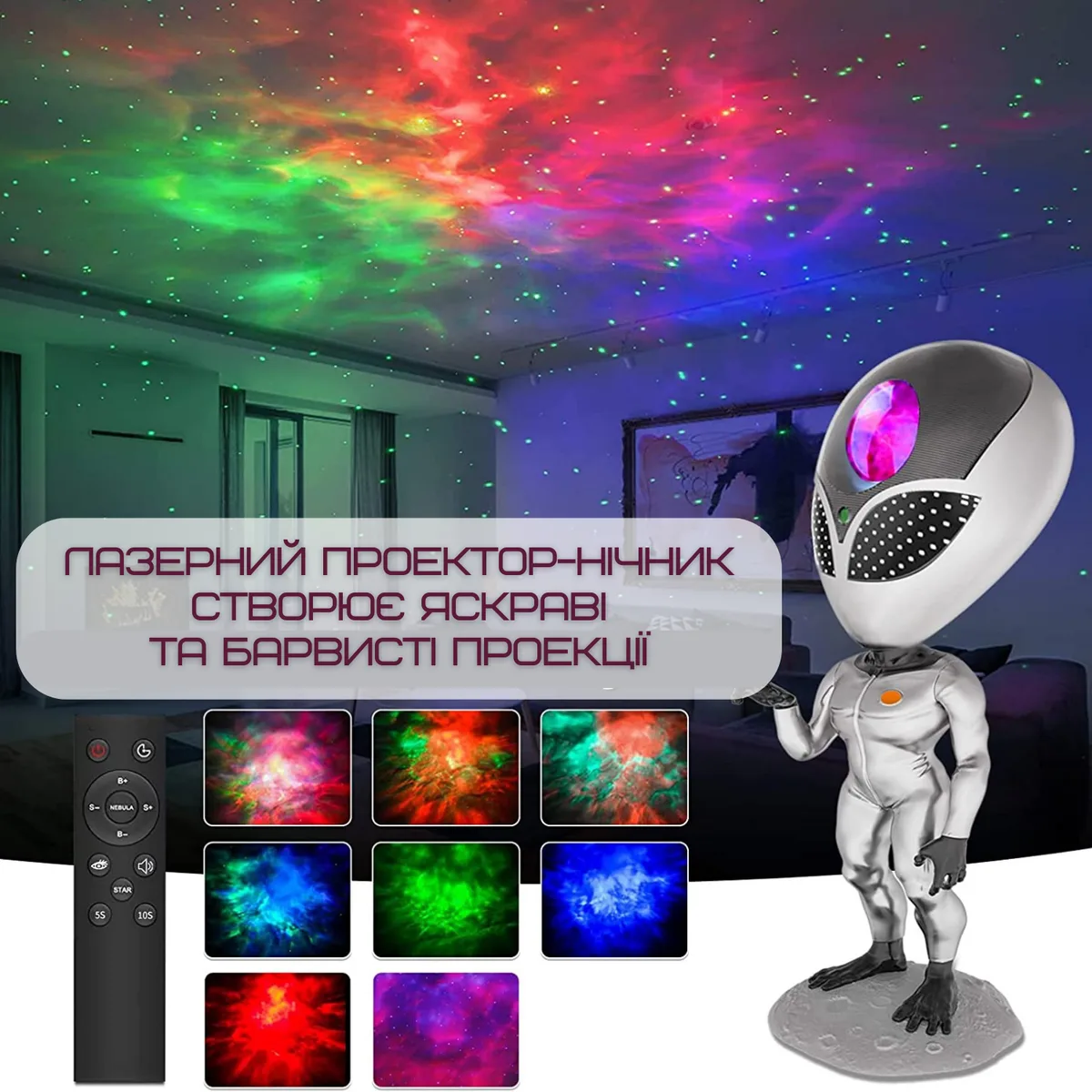 Лазерний проектор зоряного неба AlienSUN з пультом 6 Вт LED 180° 8 режимів 5 рівнів яскравості