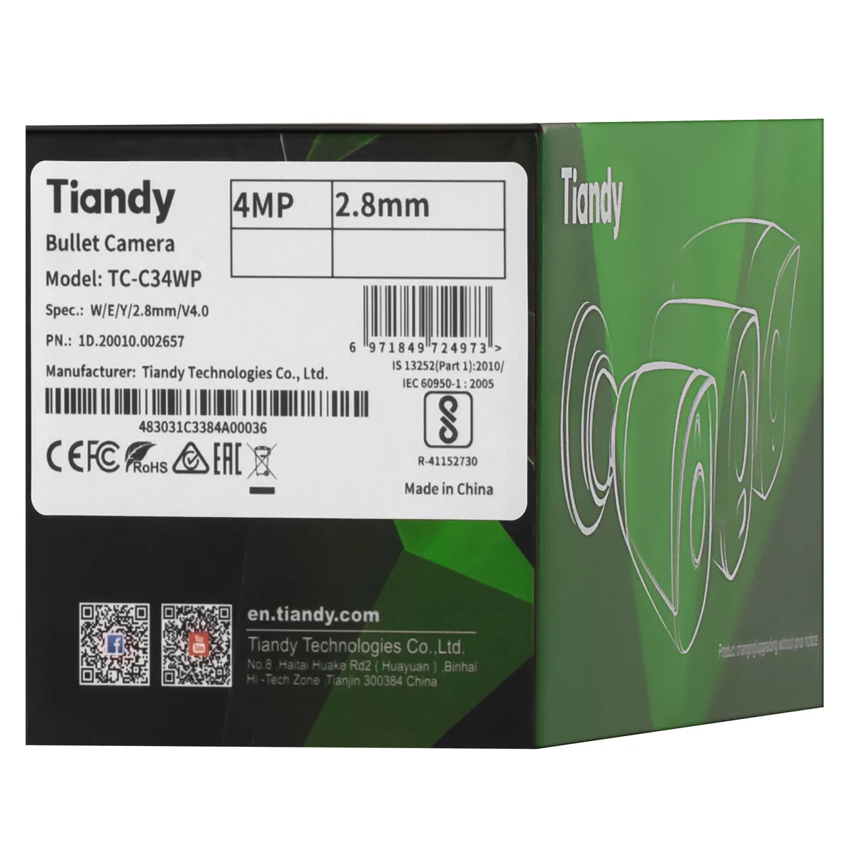 IP-камера Tiandy TC-C34WP Спецификация: W/E/Y/2.8mm/V4.0, 4MP, цветная пуля, 2.8mm, f/1.0, LED 15м, PoE, IP67.