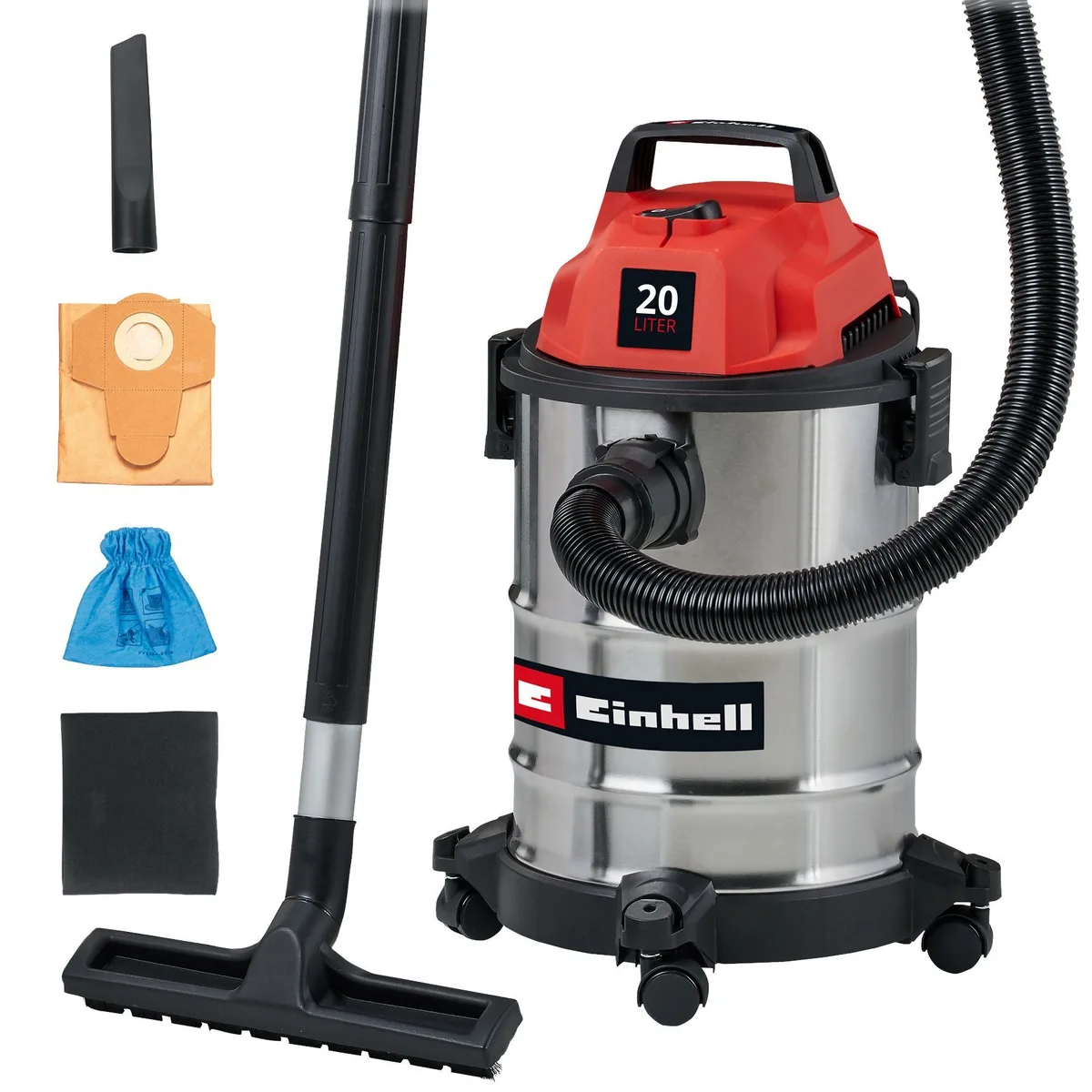 Професійний пилосос Einhell TC-VC 2045 S: 900 Вт, 180 мБар, 20 л, шланг 1.5 м, вага 3.5 кг.