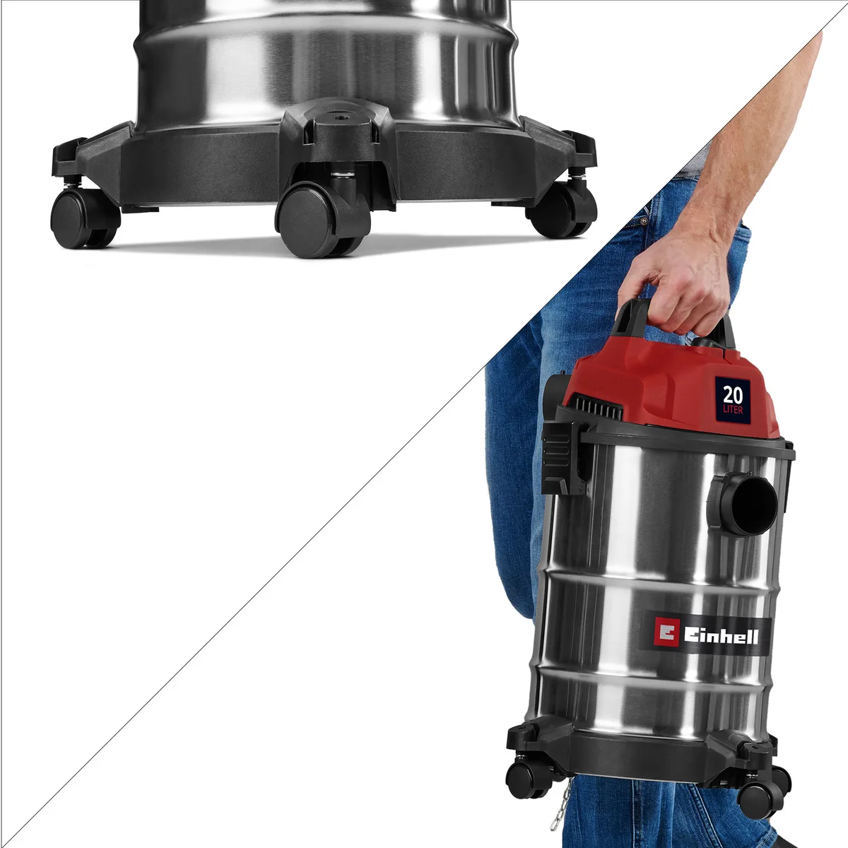 Професійний пилосос Einhell TC-VC 2045 S: 900 Вт, 180 мБар, 20 л, шланг 1.5 м, вага 3.5 кг.