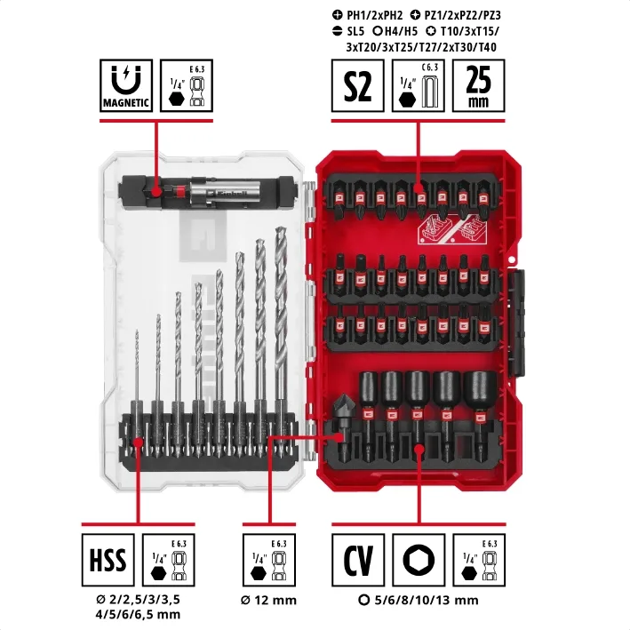 Набір свердел і біт для металу Einhell 39 шт у кейсі M-Case, вага 0.64 кг.
