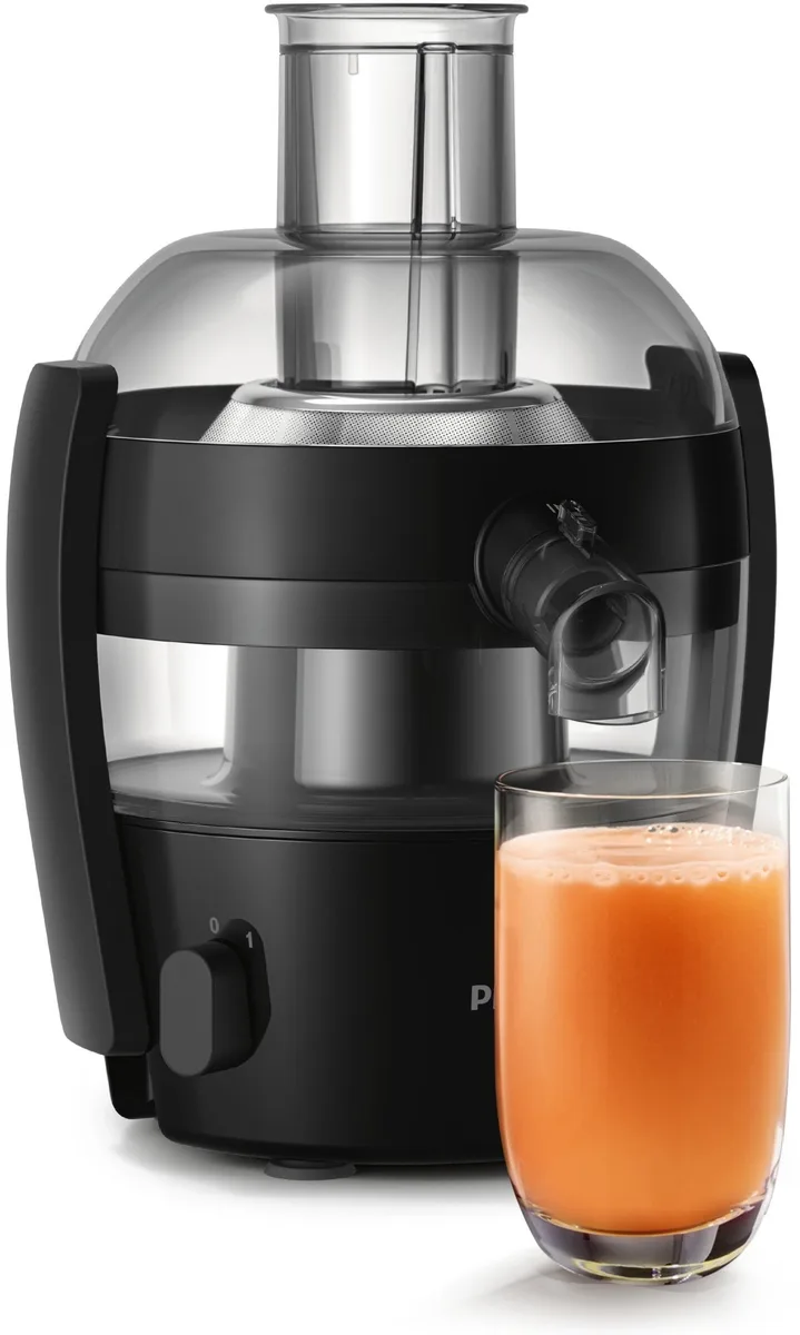 Соковитискач Philips Viva Collection, потужність 500 Вт, об'єм чаші 0,5 л, об'єм жмиху 1 л, пластиковий корпус, чорний.