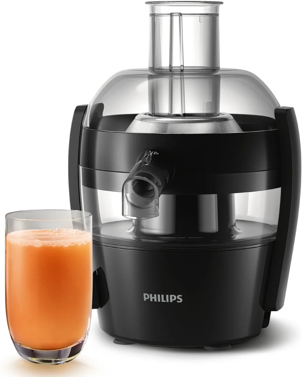 Соковитискач Philips Viva Collection, потужність 500 Вт, об'єм чаші 0,5 л, об'єм жмиху 1 л, пластиковий корпус, чорний.