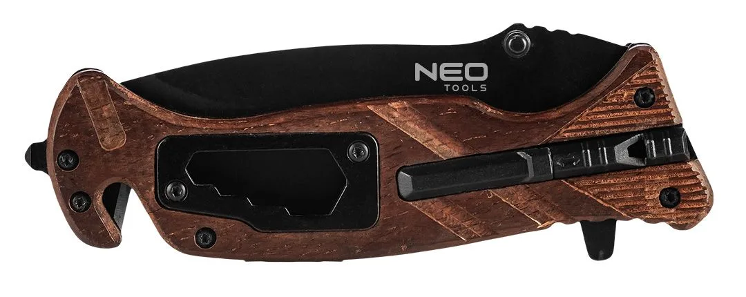 Складаний ніж Neo Tools 6 в 1, 220 мм, з лезом 90 мм, кремінем, свистком, гайковим ключем, лопаткою для ременя та склобоєм.