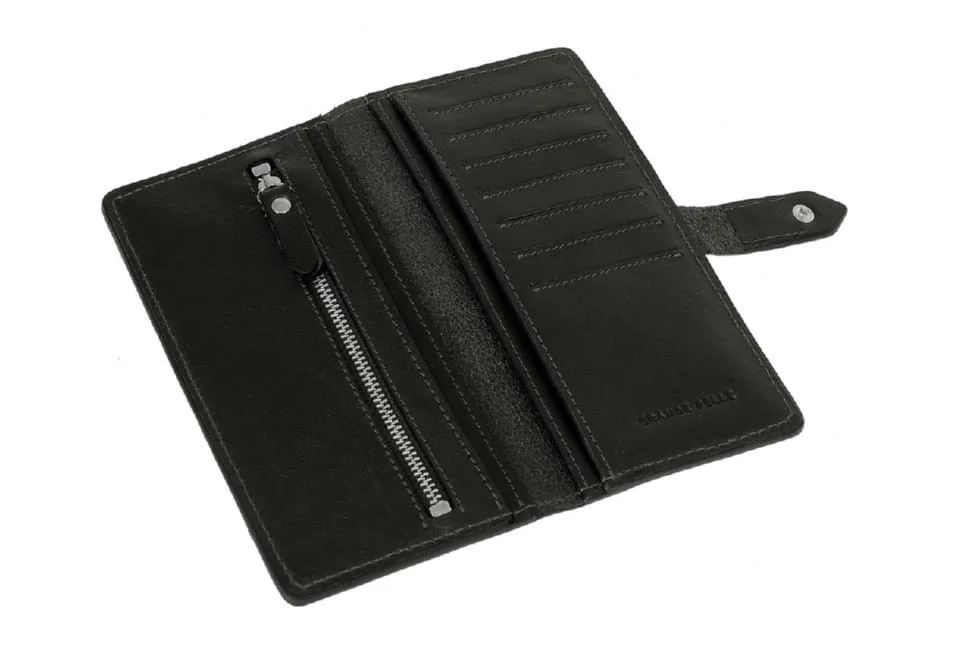 Портмоне Grande Pelle довге чорне з натуральної глянцевої телячої шкіри для чоловіків та жінок, гаманець на кнопці.