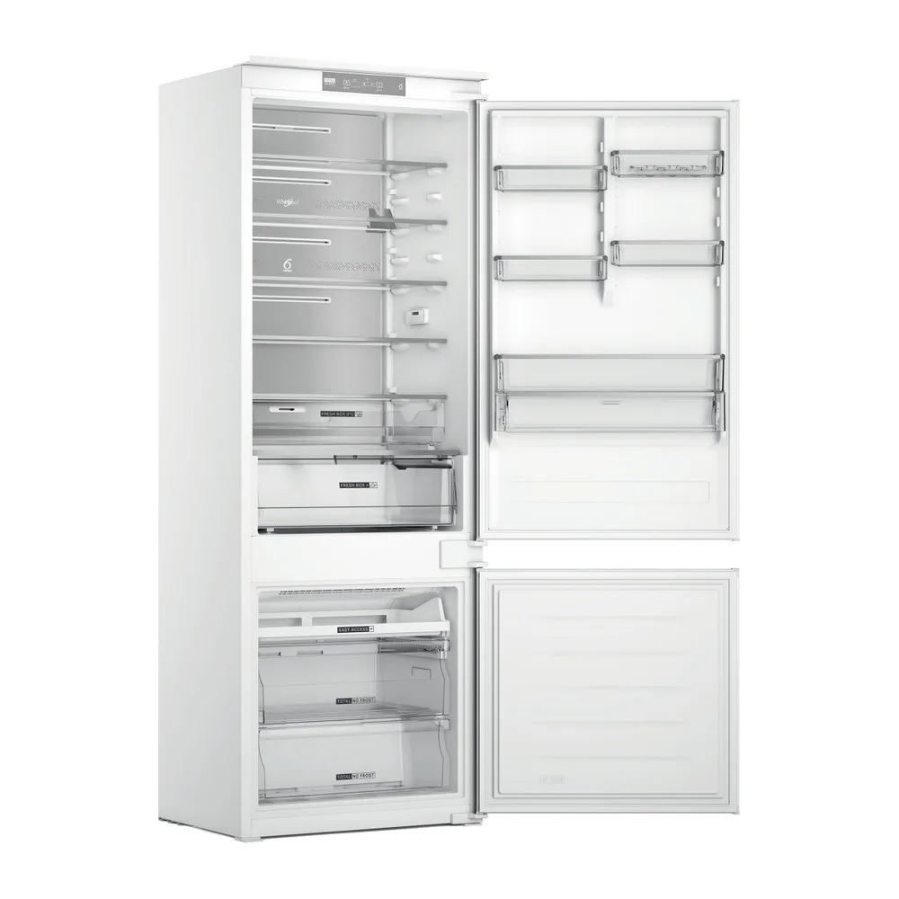 Вбудований холодильник Whirlpool з нижнім морозильником, габарити 193.5x69x54.5 см, об'єм холодильної камери 295 л, об'єм морозиль