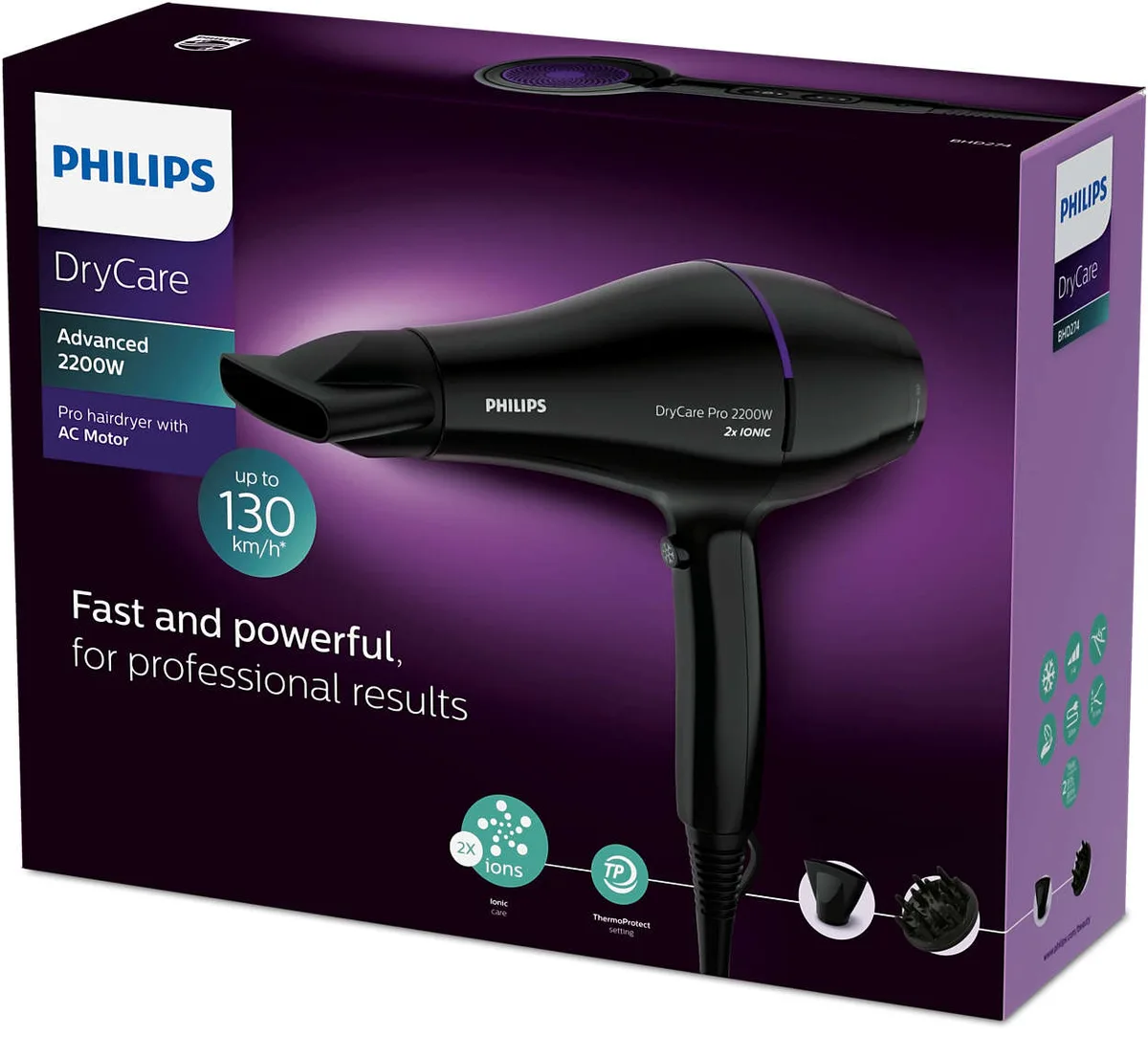 Фен Philips профессиональный 2200 Вт черный с ионизацией и насадками 9 мм, 2 скорости, 2 температуры.