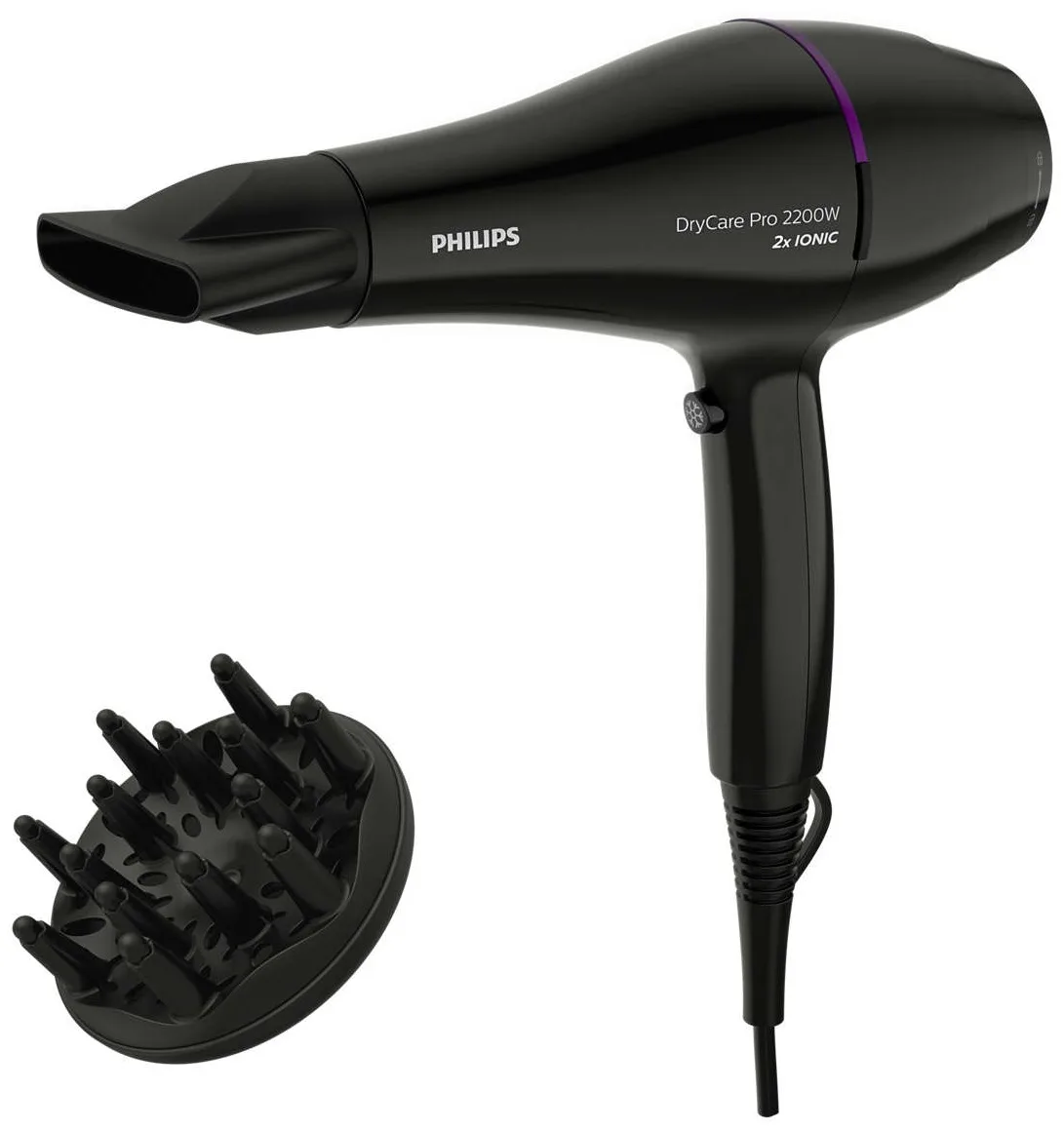 Фен Philips профессиональный 2200 Вт черный с ионизацией и насадками 9 мм, 2 скорости, 2 температуры.