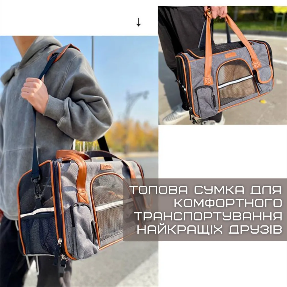 Сумка-переноска для кота и собаки до 7 кг складная текстильная 44х28х24 см с прозрачными стенками