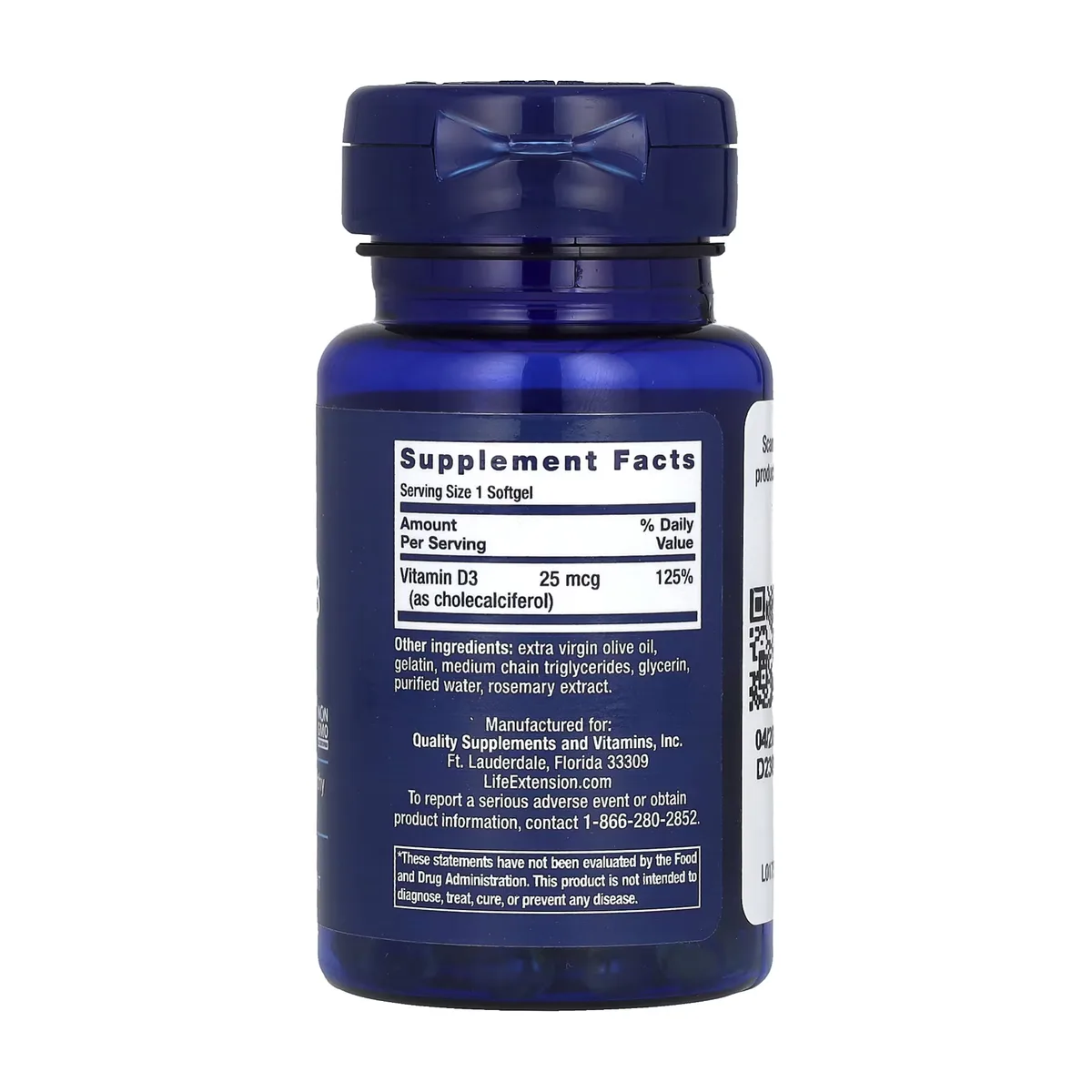 Vitamin D3 25 mcg 1000 IU Life Extension желатиновые капсулы 90 шт