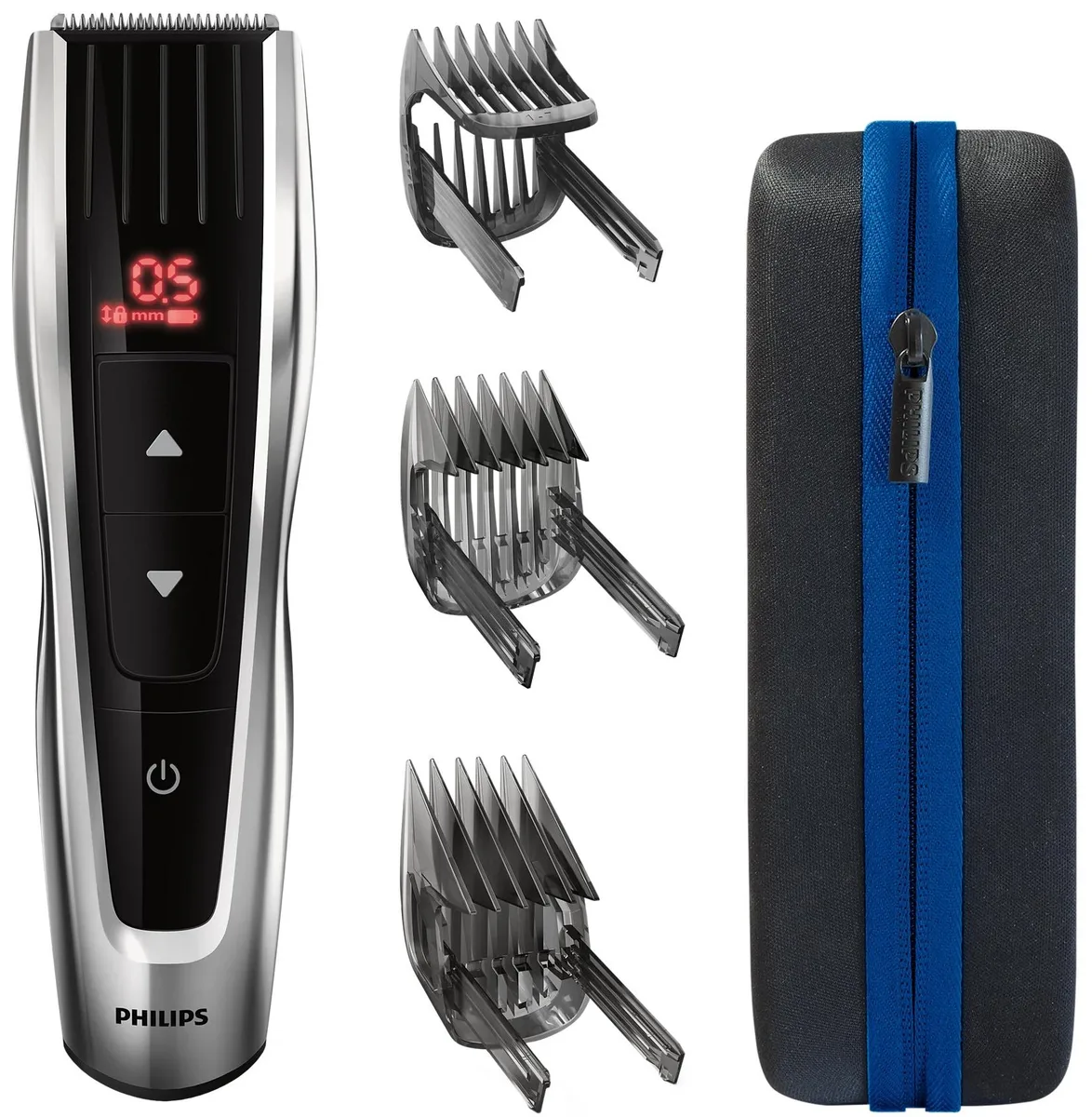 Електрична машинка для стриження волосся Philips Series 9000, акумуляторна, з роторним двигуном, 3 насадки, в комплекті кейс, стал