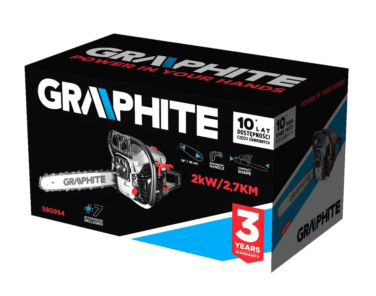 Бензинова ланцюгова пила GRAPHITE 40/45 см, 2 кВт, 2.7 к.с., 52 см3, 5.53 кг.