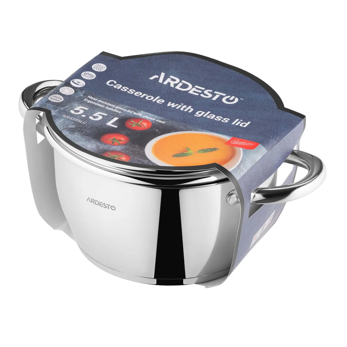 Каструля з прозорою кришкою ARDESTO Gemini Lucca, об'ємом 5.5 л, з нержавіючої сталі.