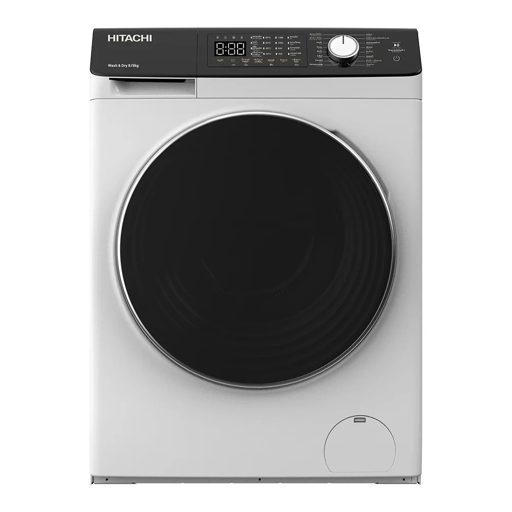 Фронтальна прально-сушильна машина Hitachi, 8(5) кг, 1400 об/хв, клас A, 60 см, з дисплеєм, функцією пари, інверторний двигун, біл