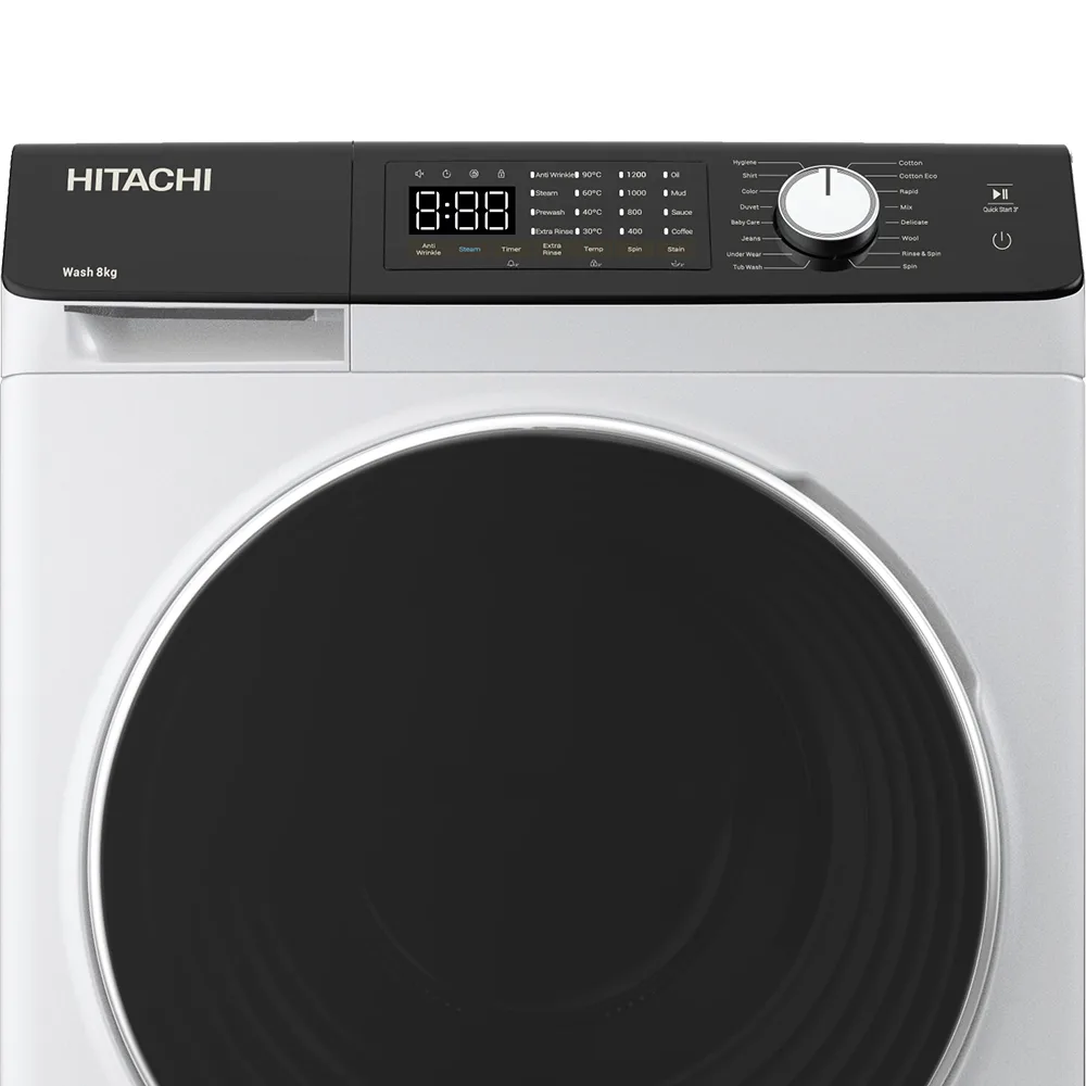 Фронтальна прально-сушильна машина Hitachi, 8(5) кг, 1400 об/хв, клас A, 60 см, з дисплеєм, функцією пари, інверторний двигун, біл