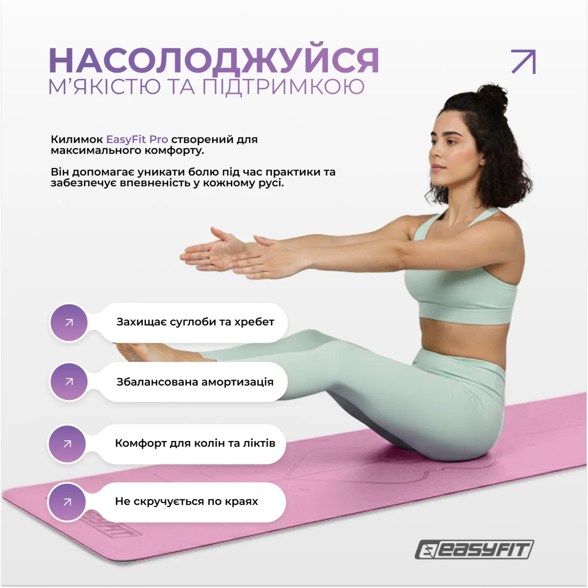 Килимок для йоги EasyFit каучук 5 мм 184х68 см Рожевий
