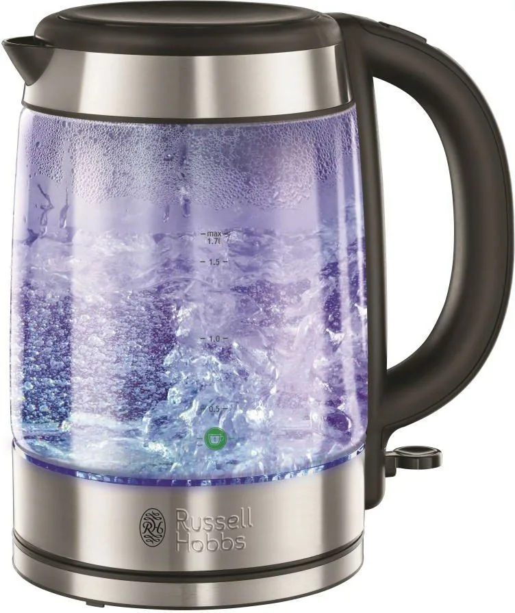 Электрический чайник Russell Hobbs из прозрачного стекла, объемом 17 л, с подсветкой, серебристо-черного цвета.