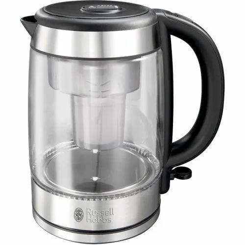 Електричний чайник Russell Hobbs з прозорого скла, об'ємом 1.7 л, з підсвічуванням, сріблясто-чорного кольору.