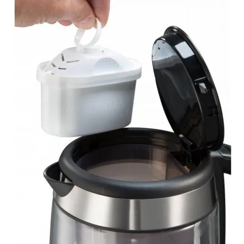 Електричний чайник Russell Hobbs з прозорого скла, об'ємом 1.7 л, з підсвічуванням, сріблясто-чорного кольору.