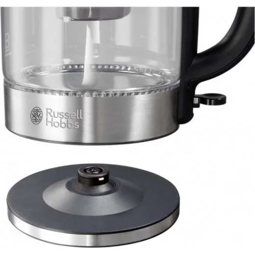 Електричний чайник Russell Hobbs з прозорого скла, об'ємом 1.7 л, з підсвічуванням, сріблясто-чорного кольору.