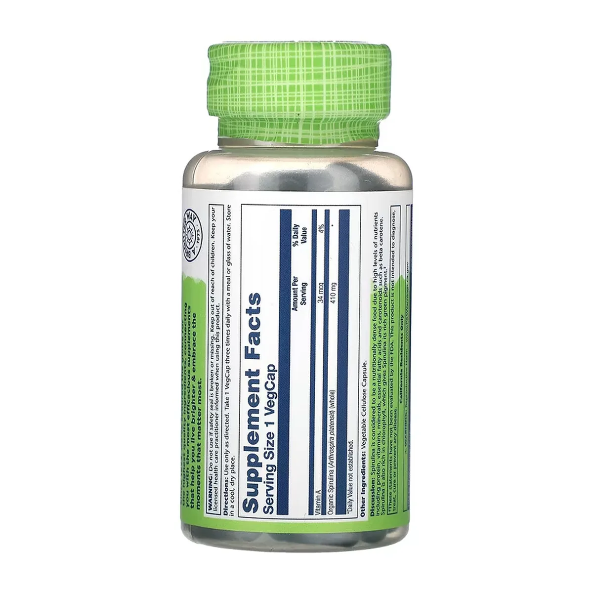 Спіруліна Algae 410mg 100 капсул веганська добавка Solaray