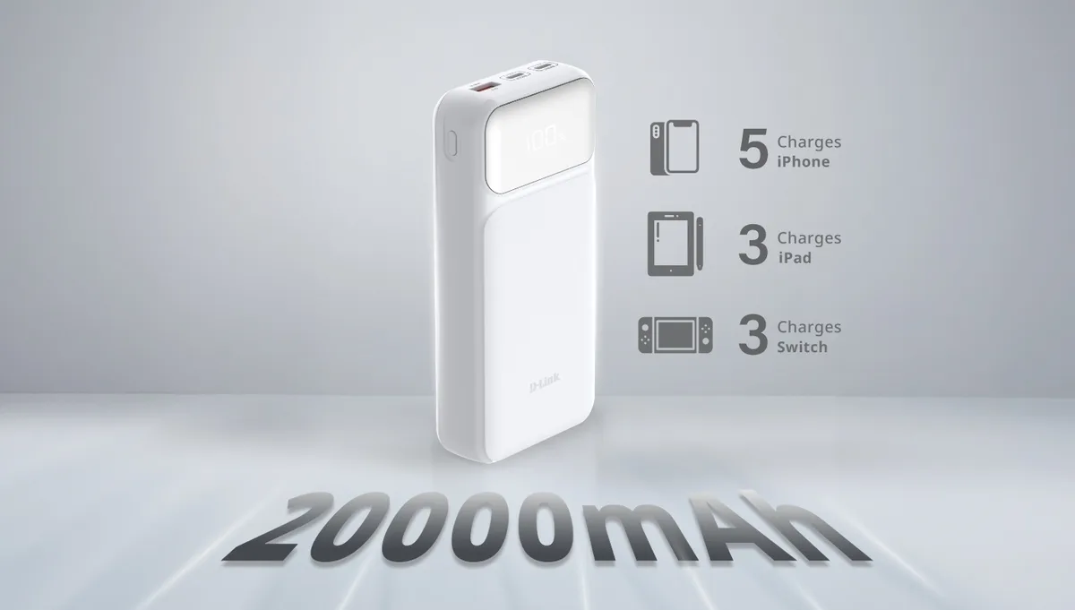 Акумулятор портативний літій-іонний Power Bank D-Link 20000мА*год, 65Вт PD 3.0, QC 3.0, 2xUSB-C, 1xUSB-A з дисплеєм, білий