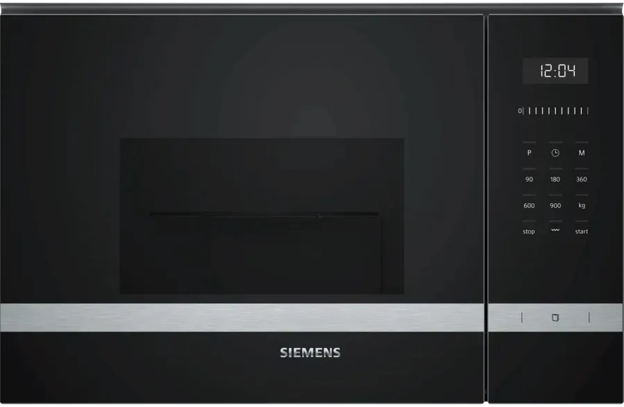 Вбудована мікрохвильова піч Siemens, об'єм 25 л, електронне управління, потужність 900 Вт, гриль, дисплей, нержавіюча сталь.