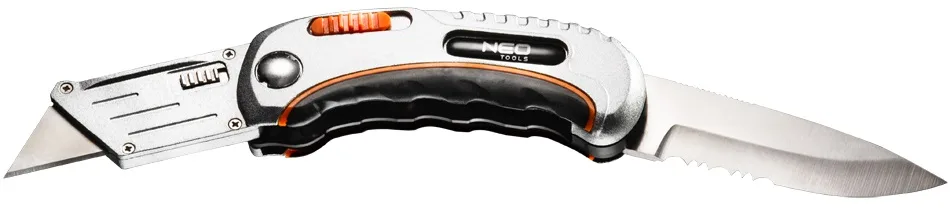 Складаний трапецієподібний ніж для будівництва Neo Tools з 2 насадками, 5 лезами в комплекті та чохлом.
