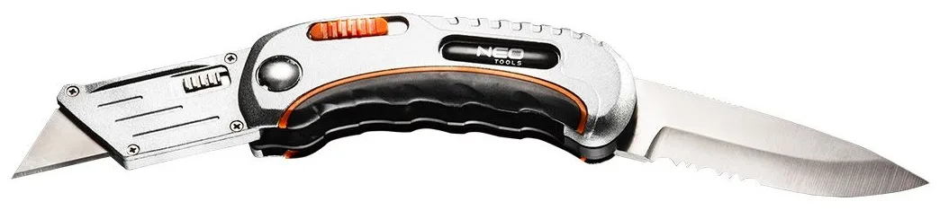 Складаний трапецієподібний ніж для будівництва Neo Tools з 2 насадками, 5 лезами в комплекті та чохлом.