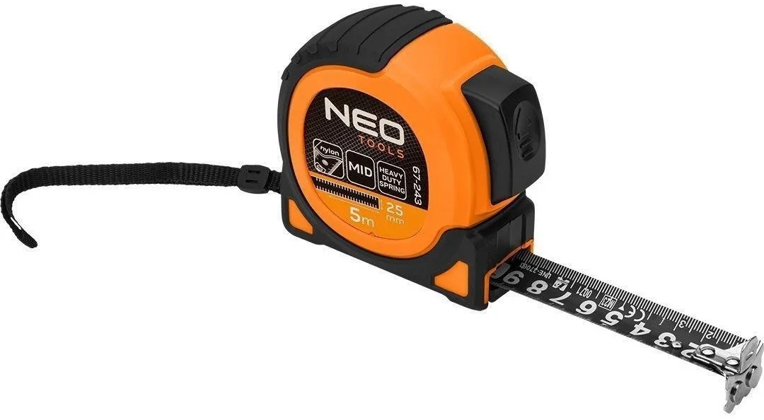 Рулетка Neo Tools Ultra Black, 5м x 25мм, з автоматичним фіксатором та магнітним наконечником.