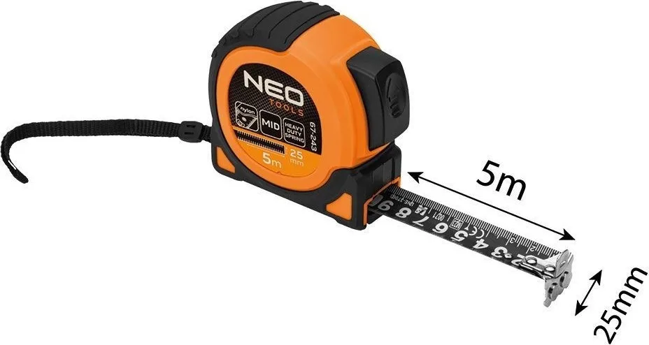 Рулетка Neo Tools Ultra Black, 5м x 25мм, з автоматичним фіксатором та магнітним наконечником.
