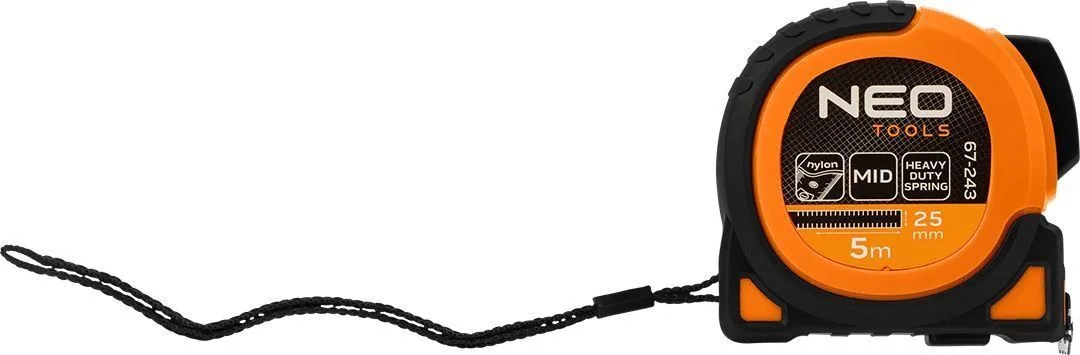 Рулетка Neo Tools Ultra Black, 5м x 25мм, з автоматичним фіксатором та магнітним наконечником.