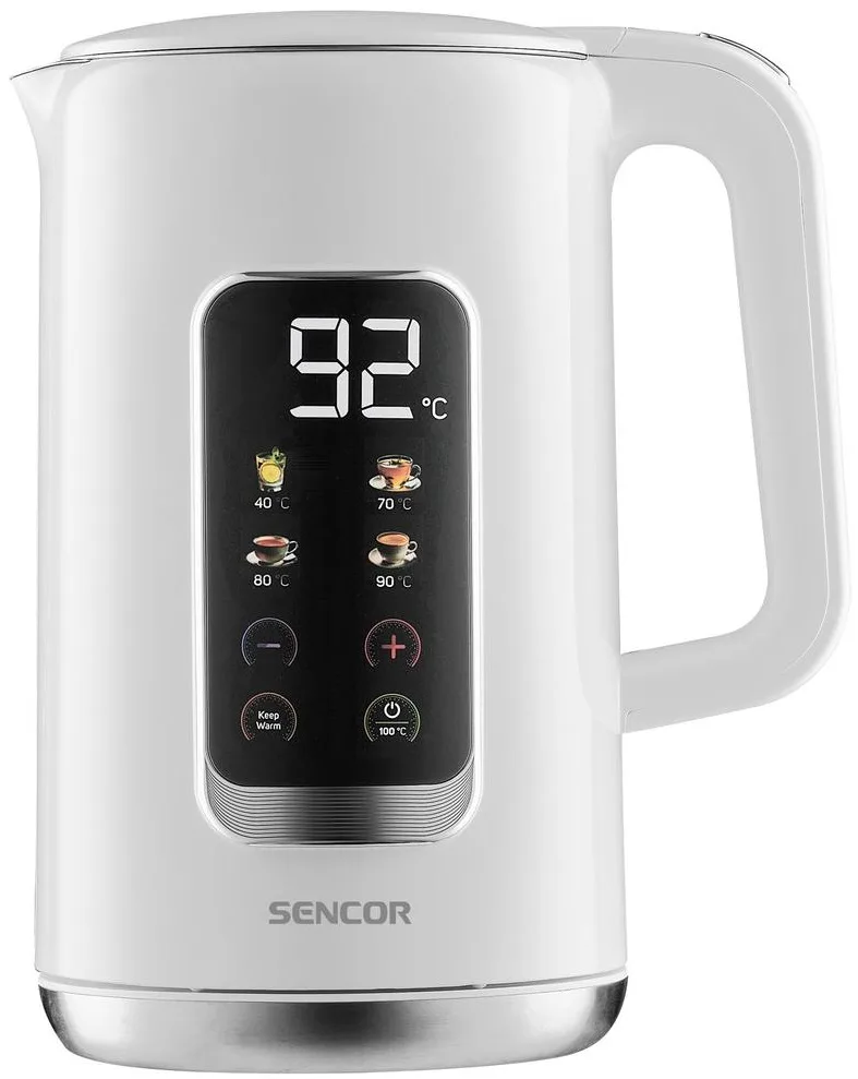 Електричний чайник Sencor 1.7л, технологія Strix, LED екран, подвійна ізоляція, сенсорне управління, білий колір.