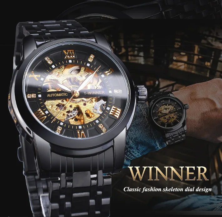 Мужские механические часы Winner металл черный 21 см